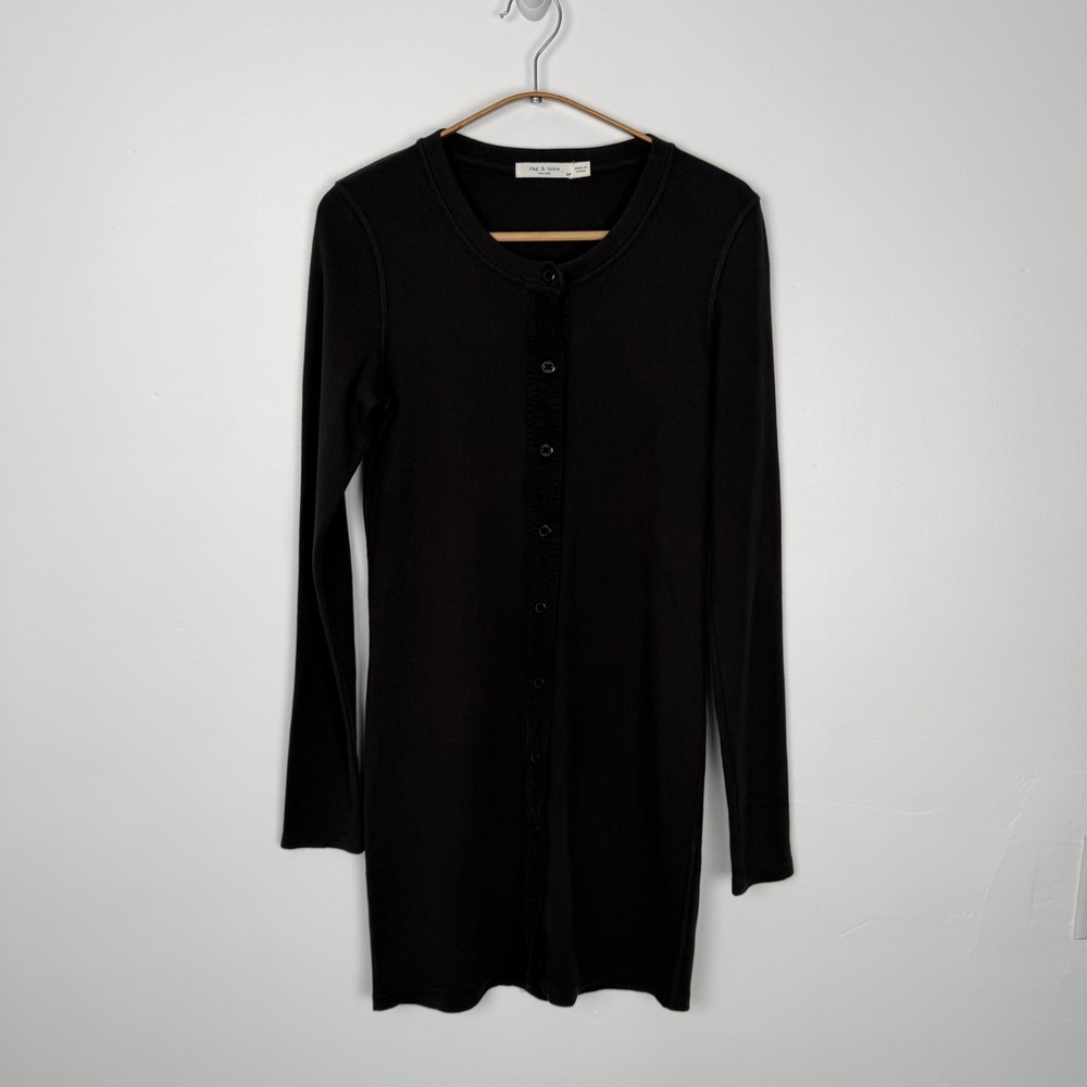 Rag & Bone Mallory Thermal Dress Black Ribbed Knit Button Front Long Sleeve S